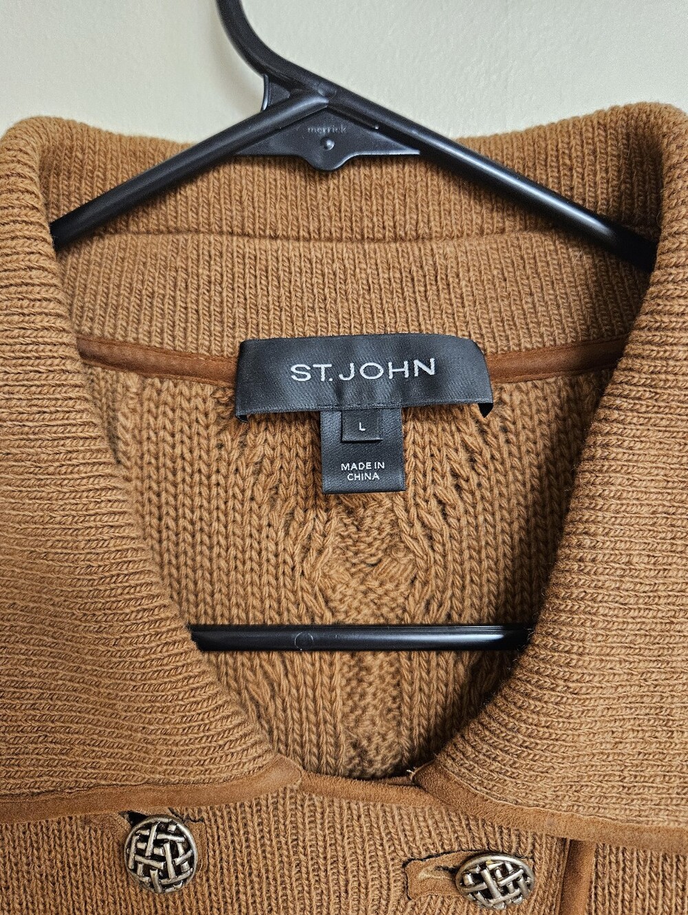 St. John Cashmere Wool Double Breasted Knit Sweater Cardigan Suede Large Tan - Picture 4 of 9